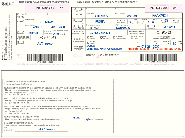日本出入国カード　記入例